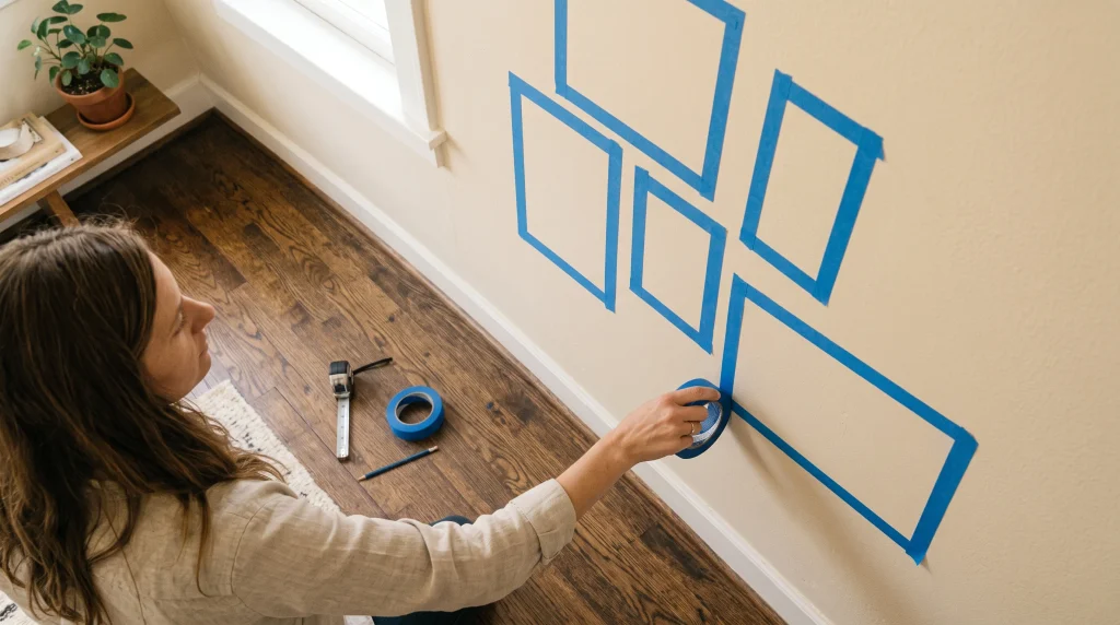 Woman using blue painter's tape to outline picture frame layouts on a living room wall before hanging wall art