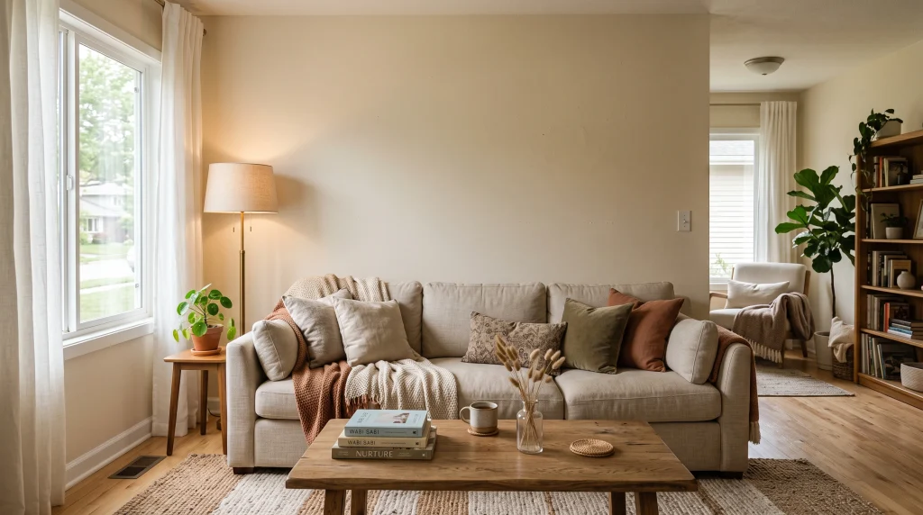 Cozy living room with a warm beige sofa, layered pillows, and a floor lamp, showing an empty wall above the couch waiting for wall art