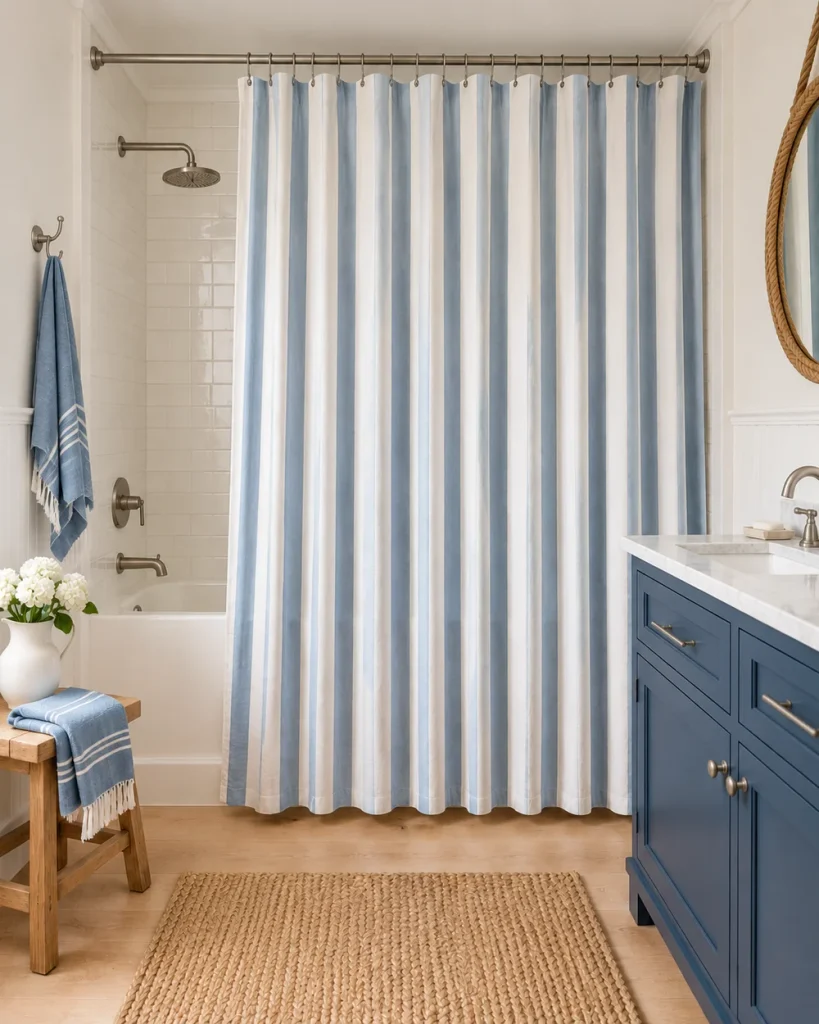 Soft blue and white vertical striped shower curtain on a nickel rod beside a navy blue vanity