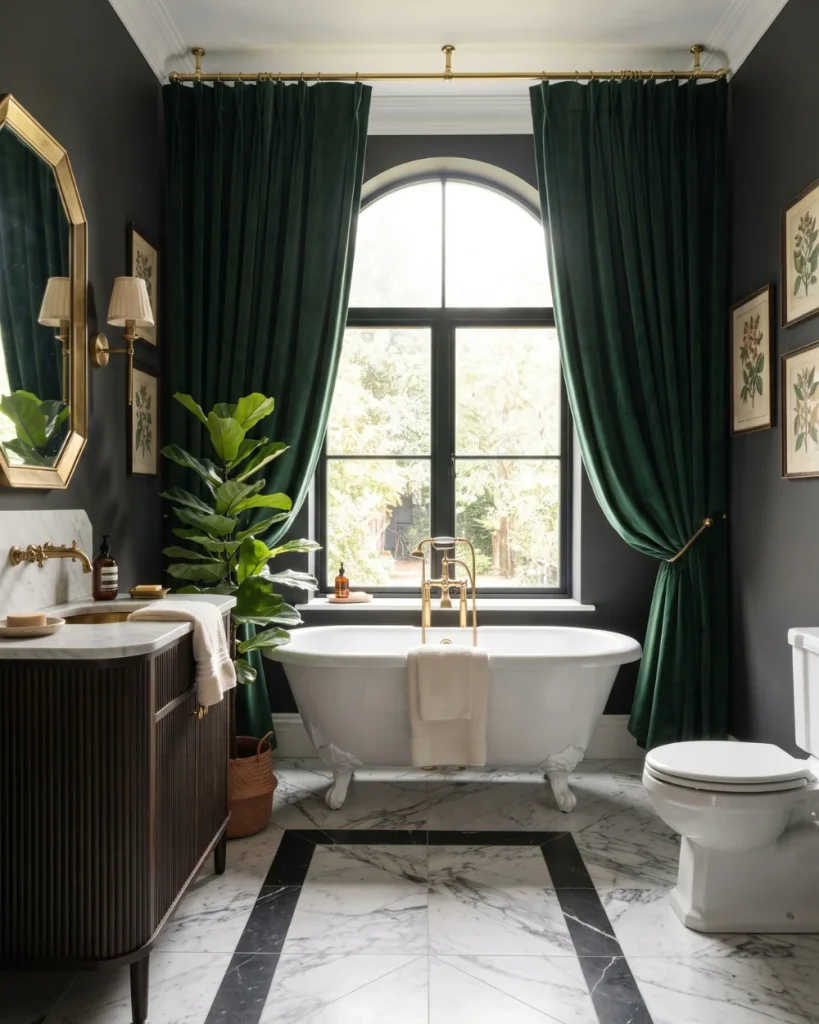 Emerald velvet-look shower curtain on a brass rod in a charcoal bathroom