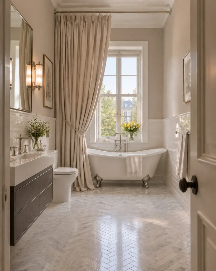 Extra-wide oatmeal linen shower curtain hung from a ceiling track beside a slipper tub in a tall narrow bathroom