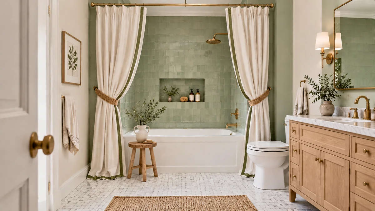 Bathroom curtain ideas: cream linen shower curtains tied back at ceiling height around a sage green tiled bathtub alcove