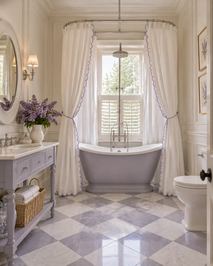 White shower curtain with a lavender scalloped edge on a ceiling ring around a lavender grey roll-top tub
