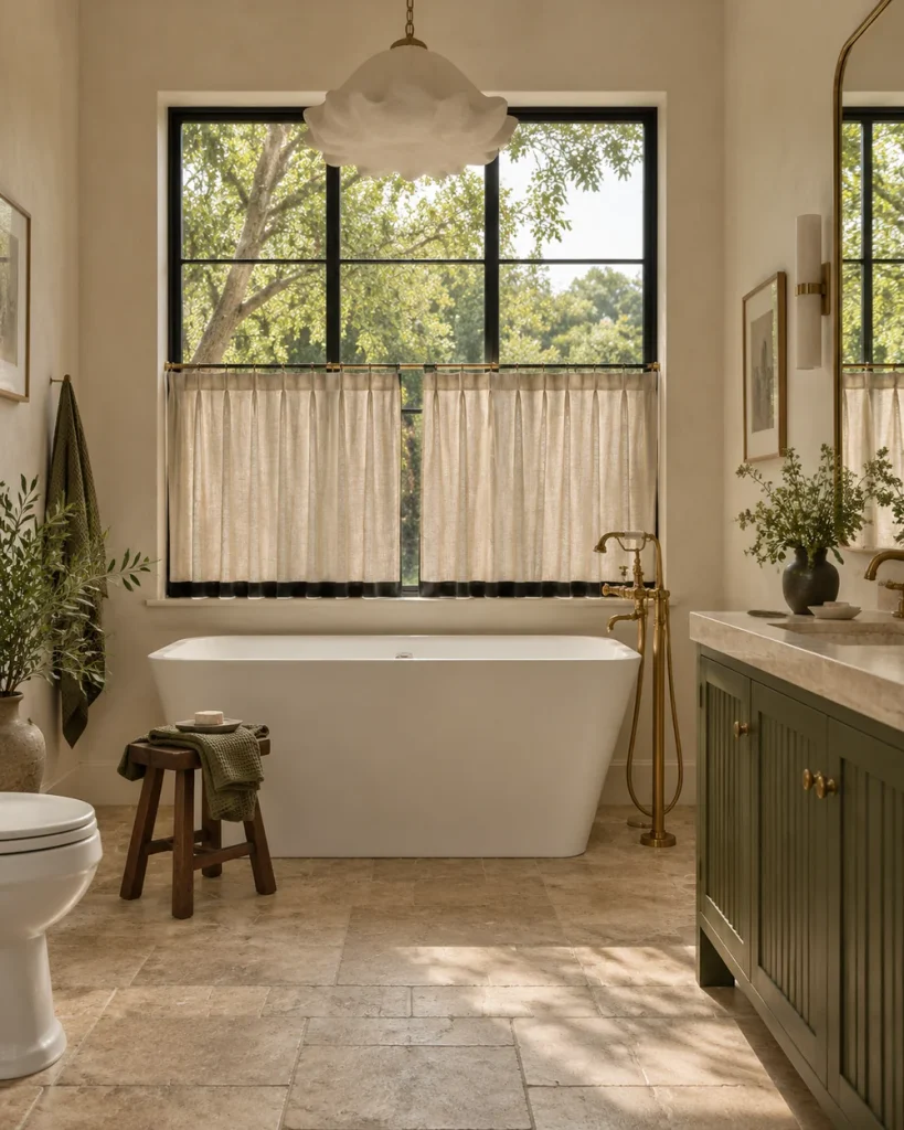 Pinch-pleated linen cafe curtain on the lower half of a black steel window above a freestanding tub