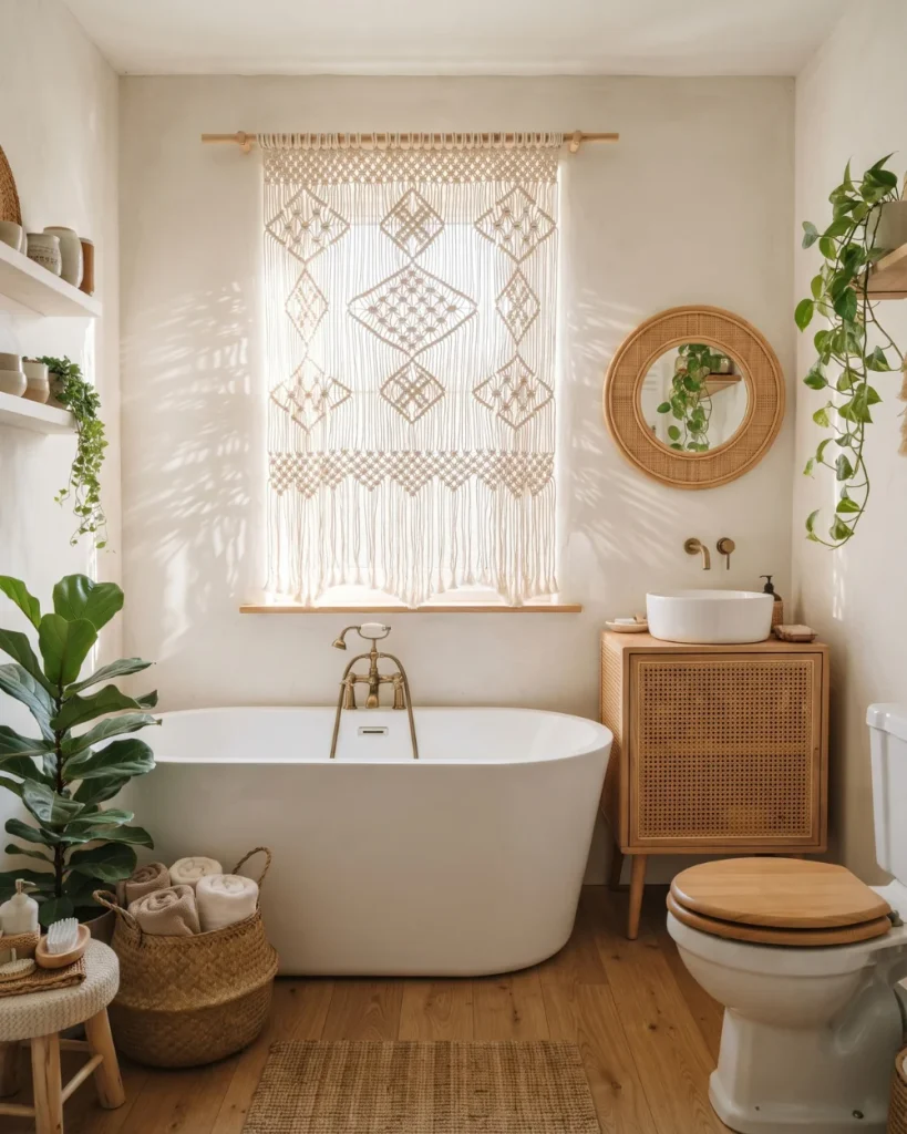 Cream macramé curtain covering a bathroom window above a white freestanding tub
