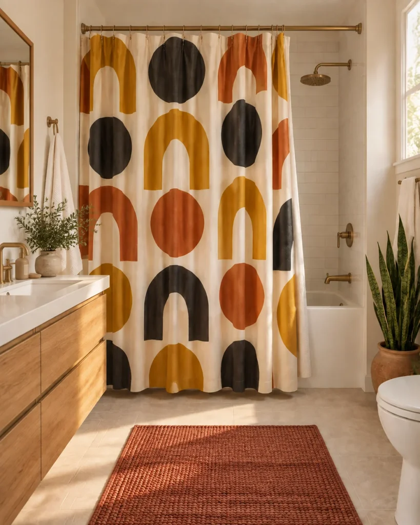 Bold mustard, black and cream geometric shower curtain across a tub alcove beside an oak vanity