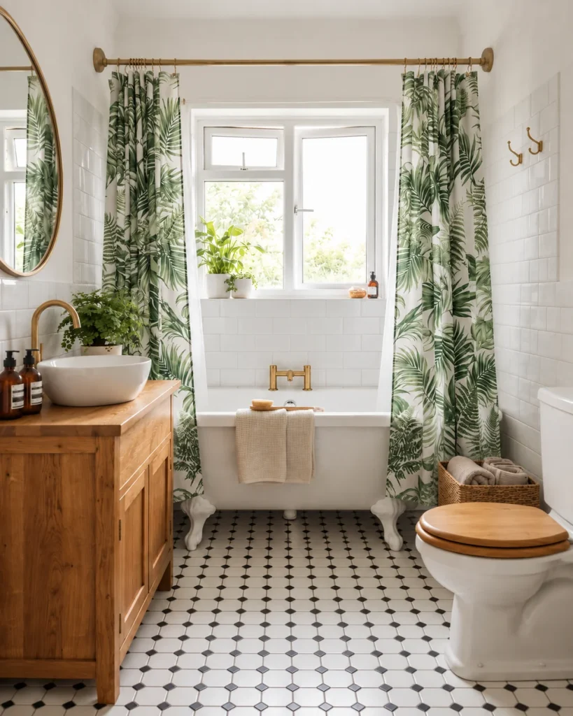 pehle wala hi theek hai: Green palm and fern print shower curtains framing a bathtub in a white subway tile bathroom