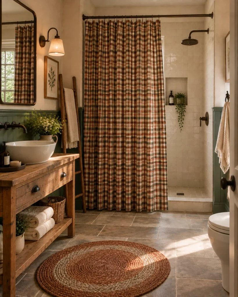 Rust, brown and green small-check plaid shower curtain across a walk-in shower with a reclaimed pine washstand