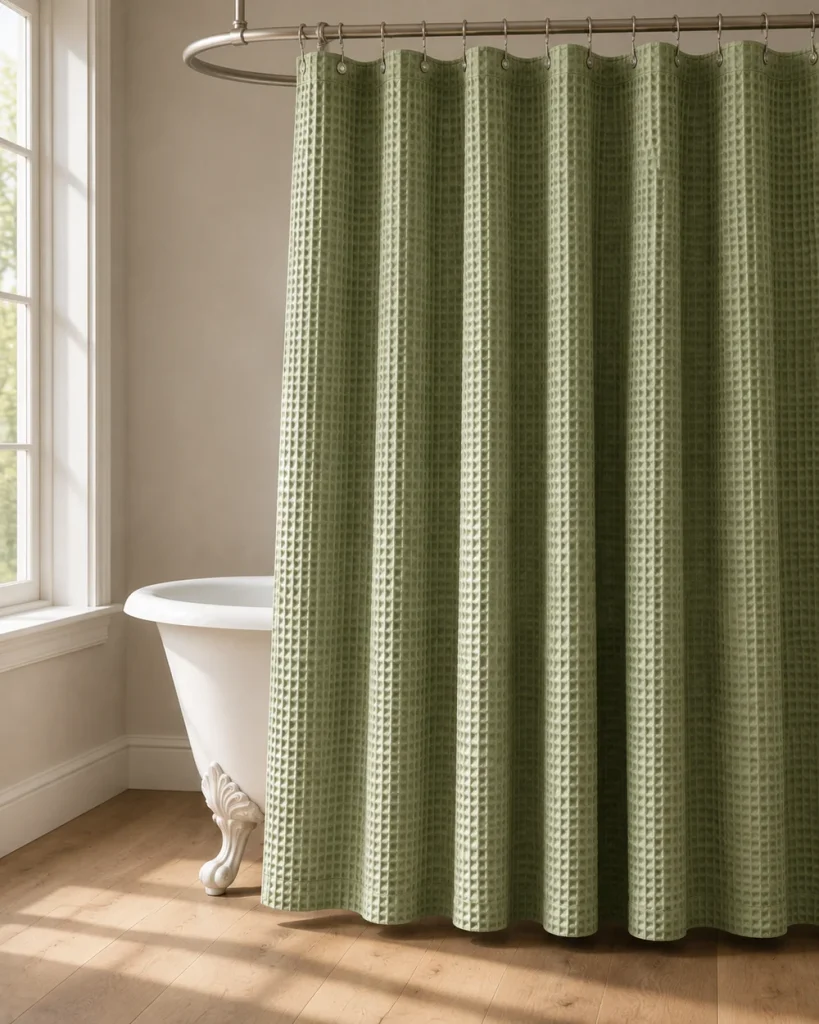 Close-up of a sage green waffle weave shower curtain with a raised grid texture beside a white clawfoot tub