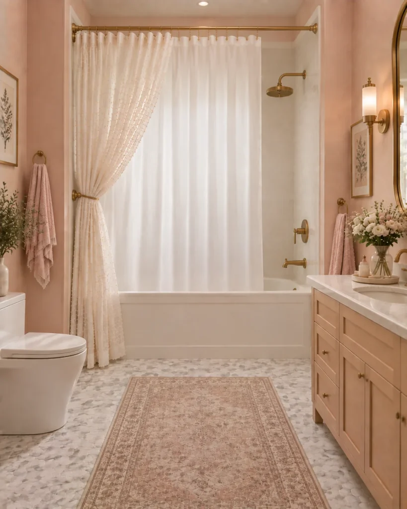 Sheer dotted curtain tied back over a plain white liner on a brass rod in a blush pink bathroom