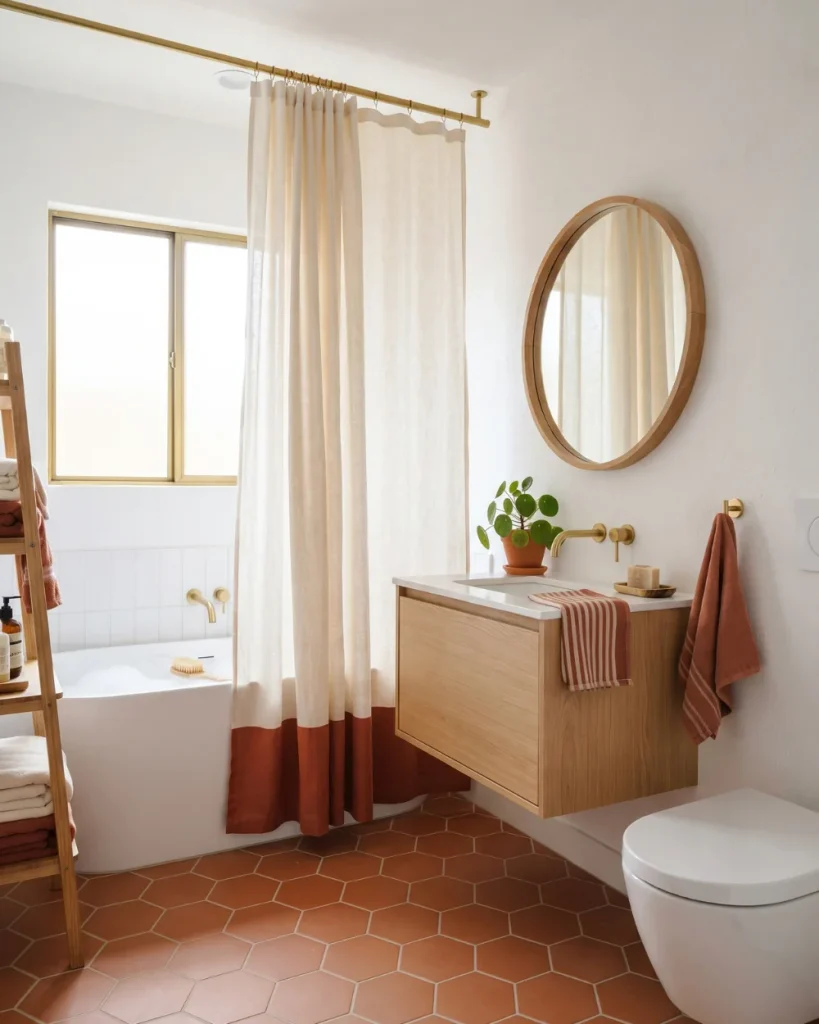 Cream shower curtain with a terracotta border at the hem above terracotta floor tile
