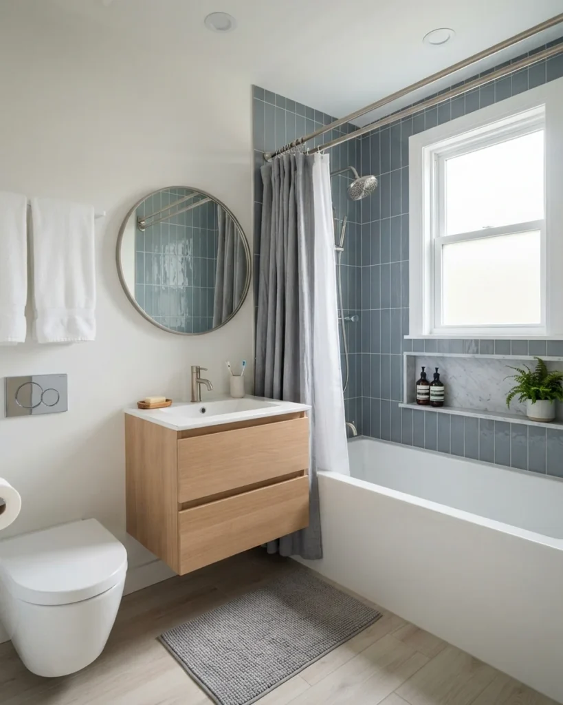 Gray shower curtain and white liner on a double curved rod over a bathtub with slate blue tile