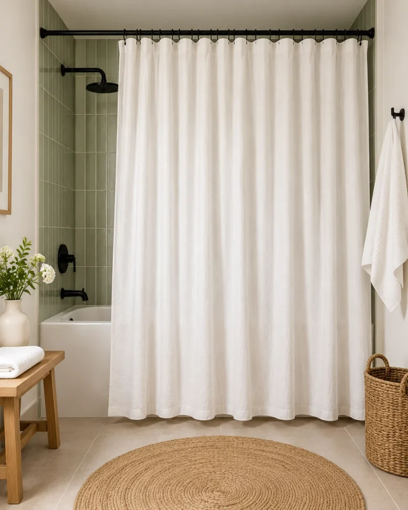 Bathroom curtain ideas: white linen-look shower curtain on a matte black rod across a sage green tiled bathtub alcove