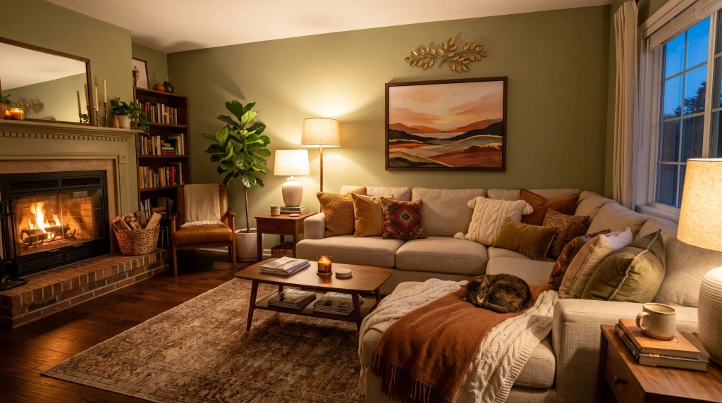 Cozy evening living room with a fireplace, a landscape canvas paired with a gold metal leaf sculpture above the sofa, and a cat sleeping on a blanket