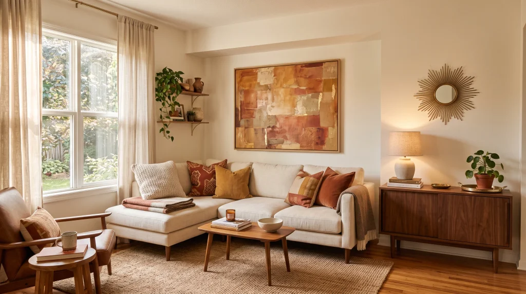 Warm cozy living room with a terracotta abstract canvas above the sofa and a brass sunburst mirror above a wooden console table