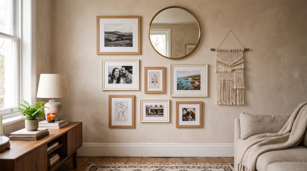 Cozy living room gallery wall combining wood-framed family photos, a round brass mirror, and a woven macrame hanging