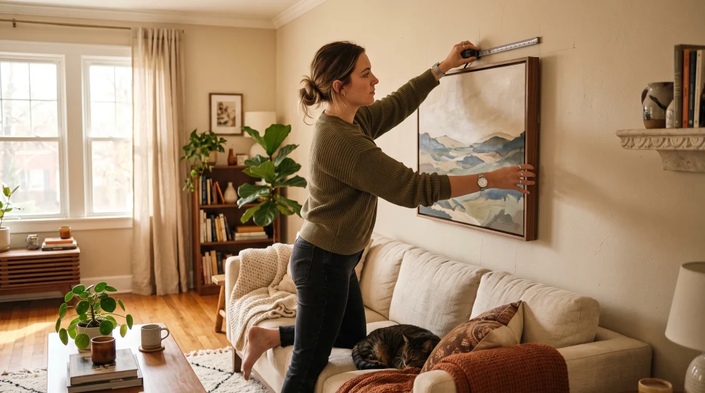 Woman measuring and hanging a framed landscape painting above a beige sofa in a cozy living room