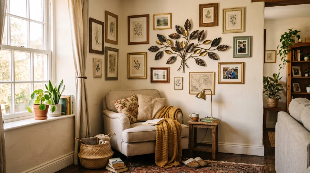 Living room corner with a mixed gallery wall combining vintage frames, family photos, and a metal branch sculpture, answering FAQs about mixing wall art styles