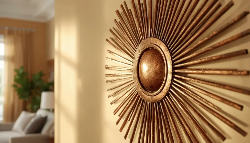 Close-up of a sculptural brass sunburst metal wall art piece mounted on a warm cream living room wall
