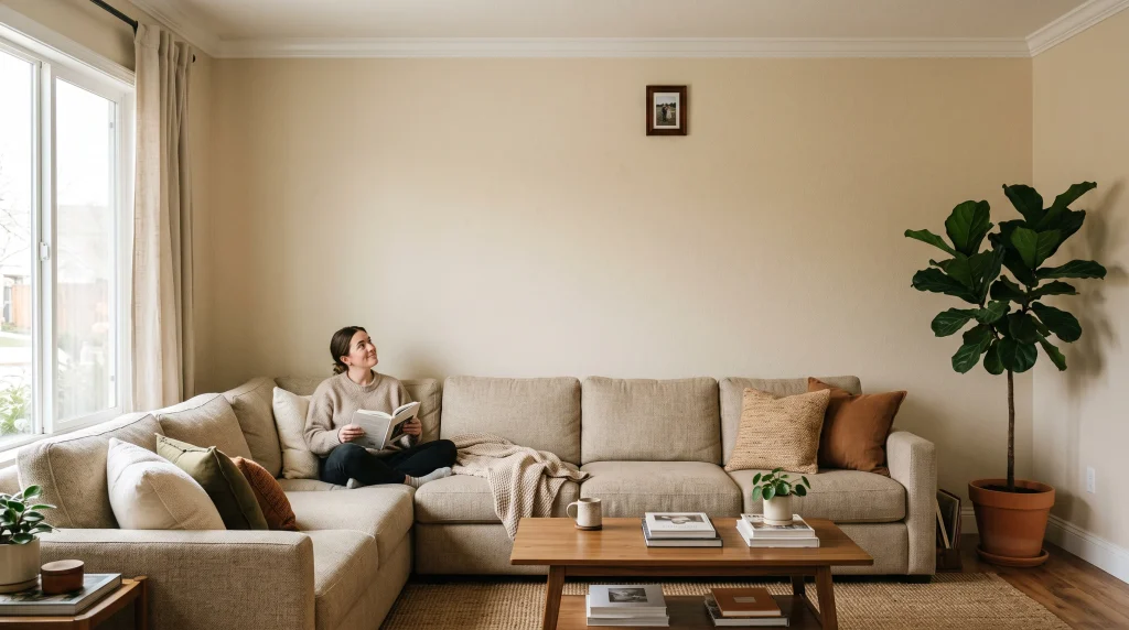 Living room with an undersized framed picture hung too high above a beige sectional sofa, illustrating a common wall art sizing mistake