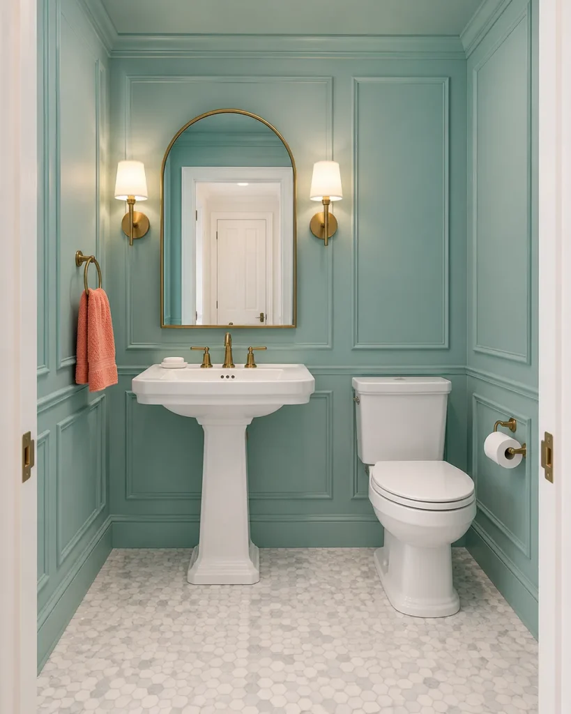 Soft teal color-drenched powder room with paneled walls, a white pedestal sink, arched brass mirror, brass sconces, toilet and a coral towel