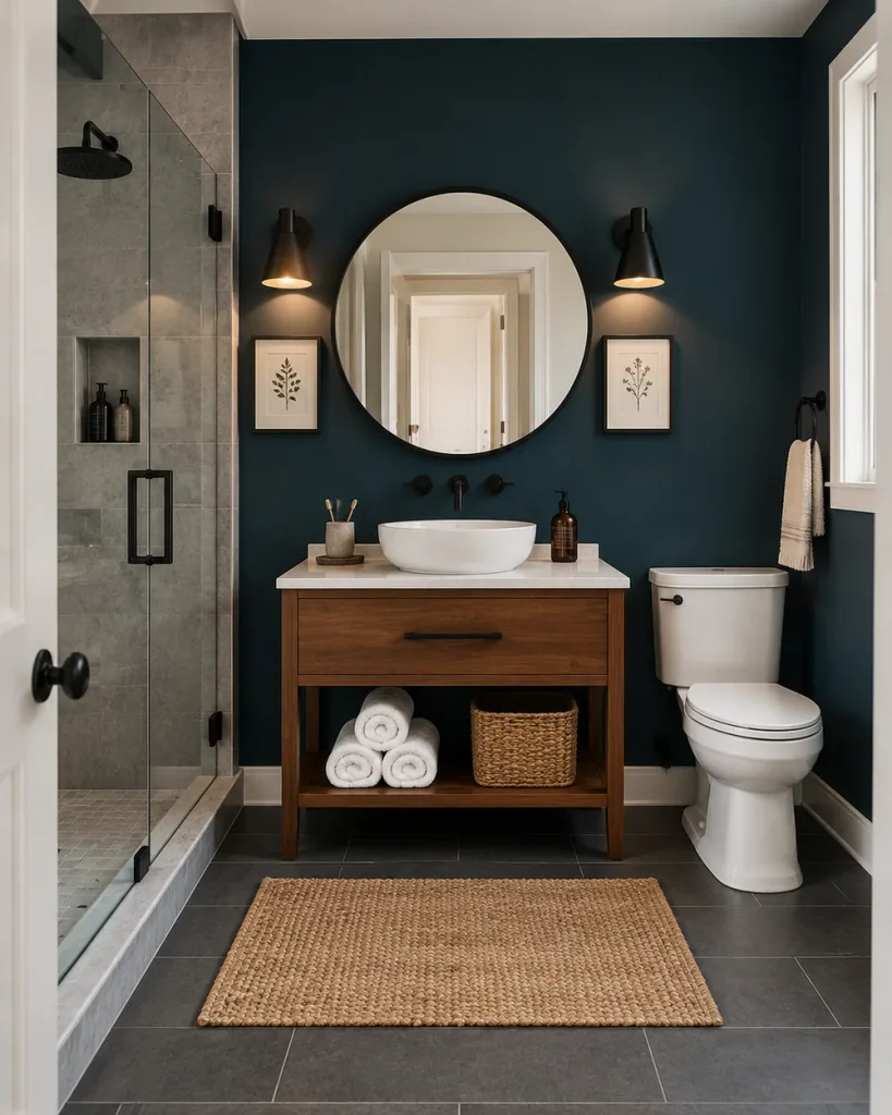 Dark navy-teal bathroom with a walnut vanity, round black mirror, glass shower and a jute bath mat