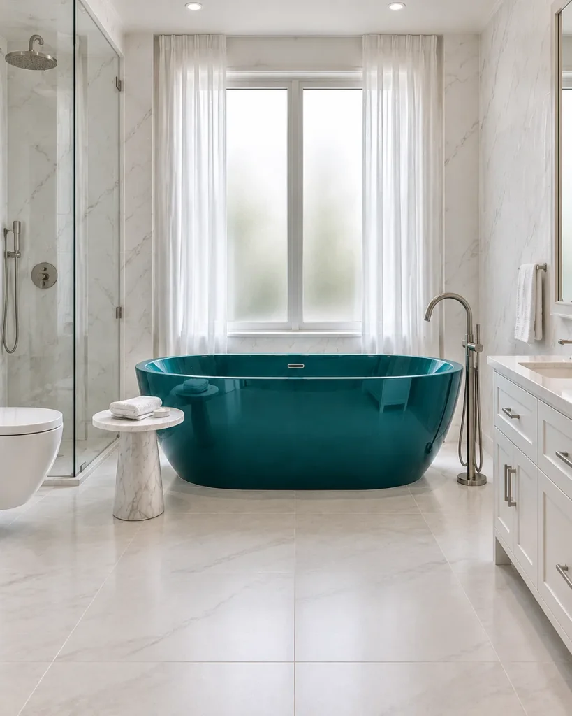 Glossy teal freestanding tub in a white marble bathroom with a frosted window, glass shower and white vanity