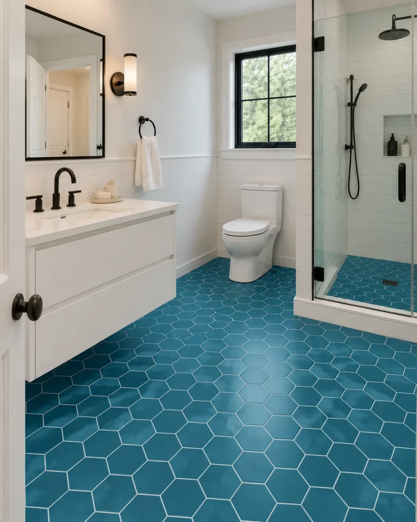 Teal hexagon tile floor running into a glass shower in a white bathroom with a floating vanity and matte black fixtures