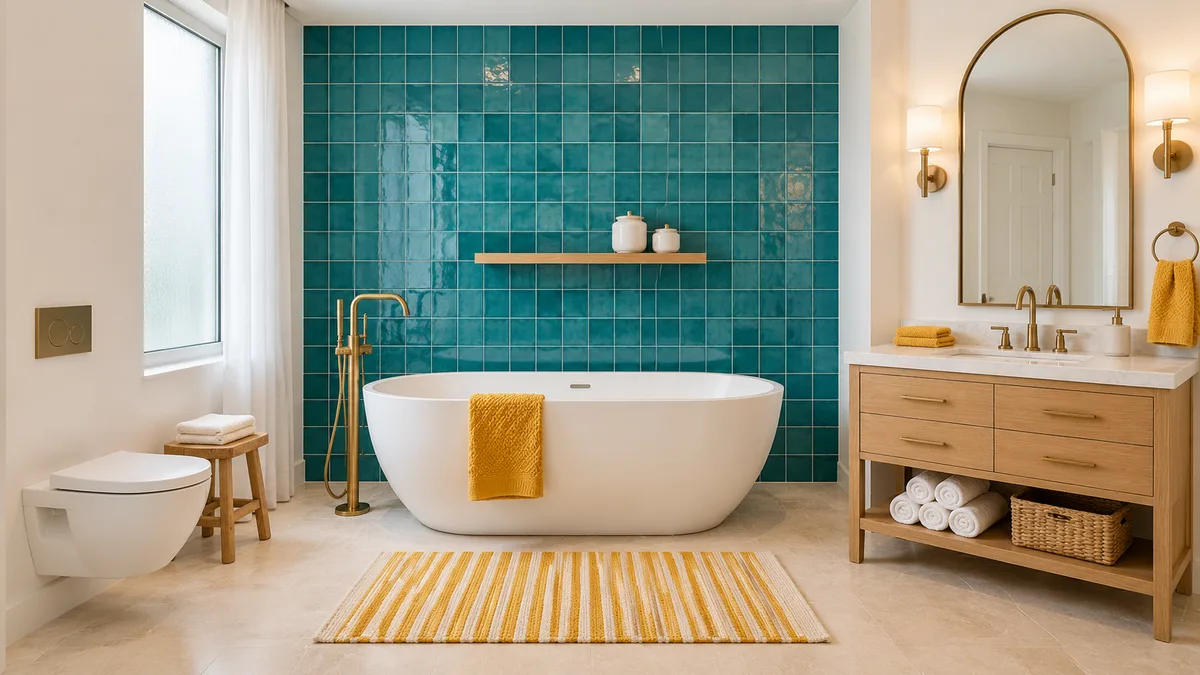 Bright bathroom with a glossy blue-teal tile wall, white freestanding tub, oak vanity with an arched brass mirror, wall-hung toilet and yellow towels