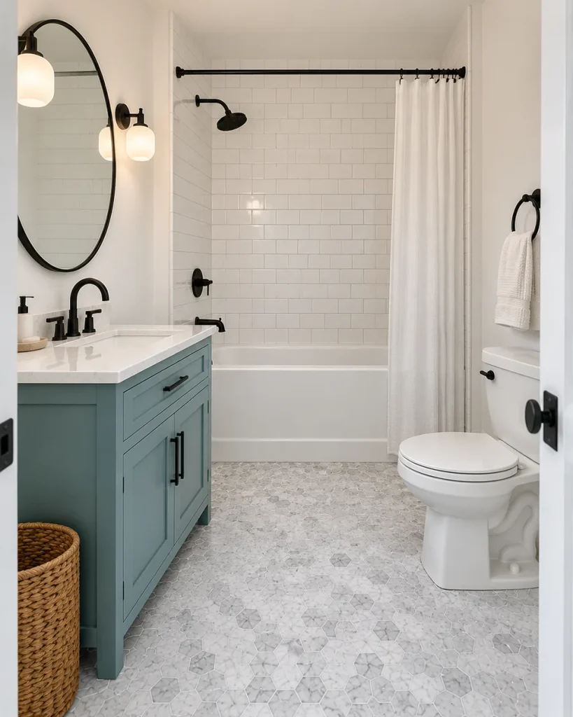 Muted teal shaker vanity with black hardware and a round mirror in a white bathroom with a tub and subway tile