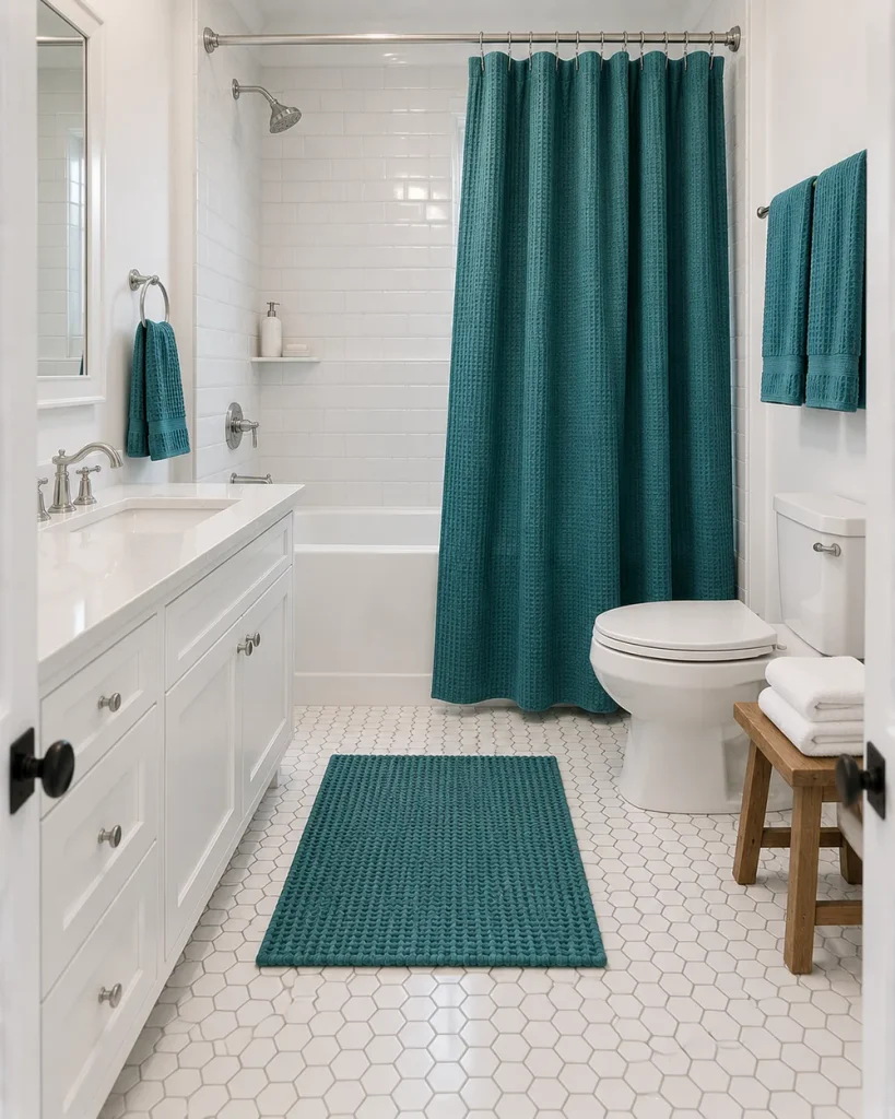 White bathroom with a teal waffle shower curtain, matching bath mat and towels, a white vanity and toilet
