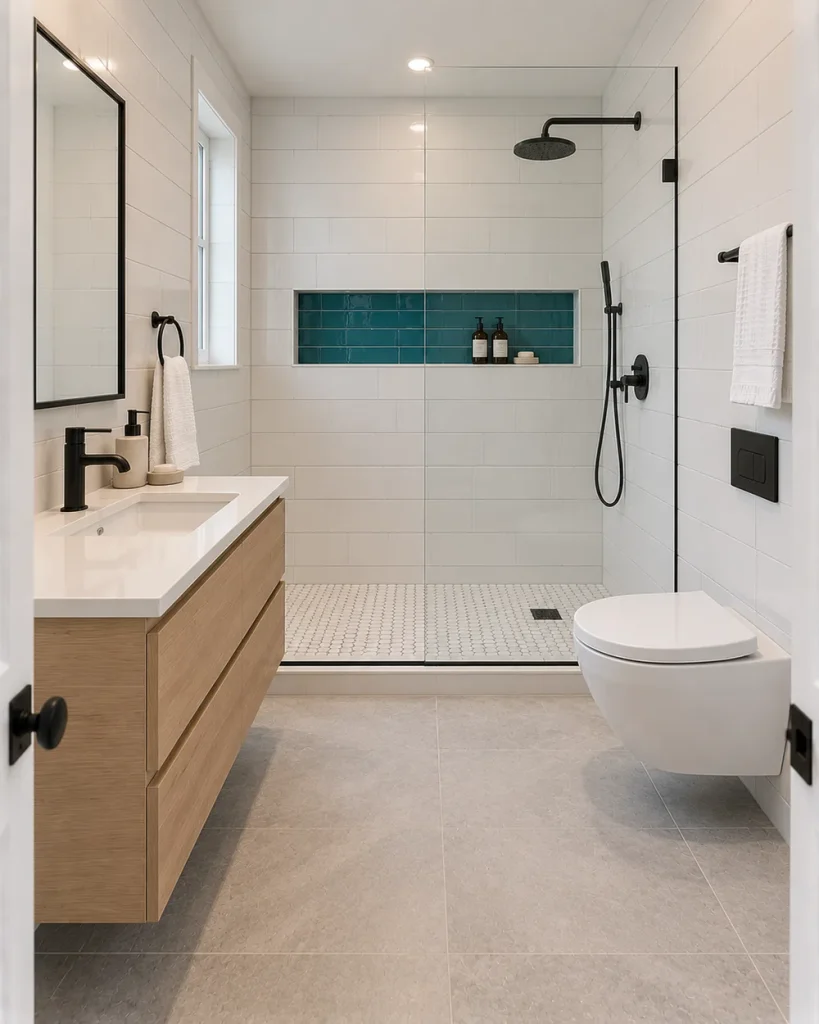 White walk-in shower with a long teal tiled niche, black fixtures, an oak vanity and a wall-hung toilet