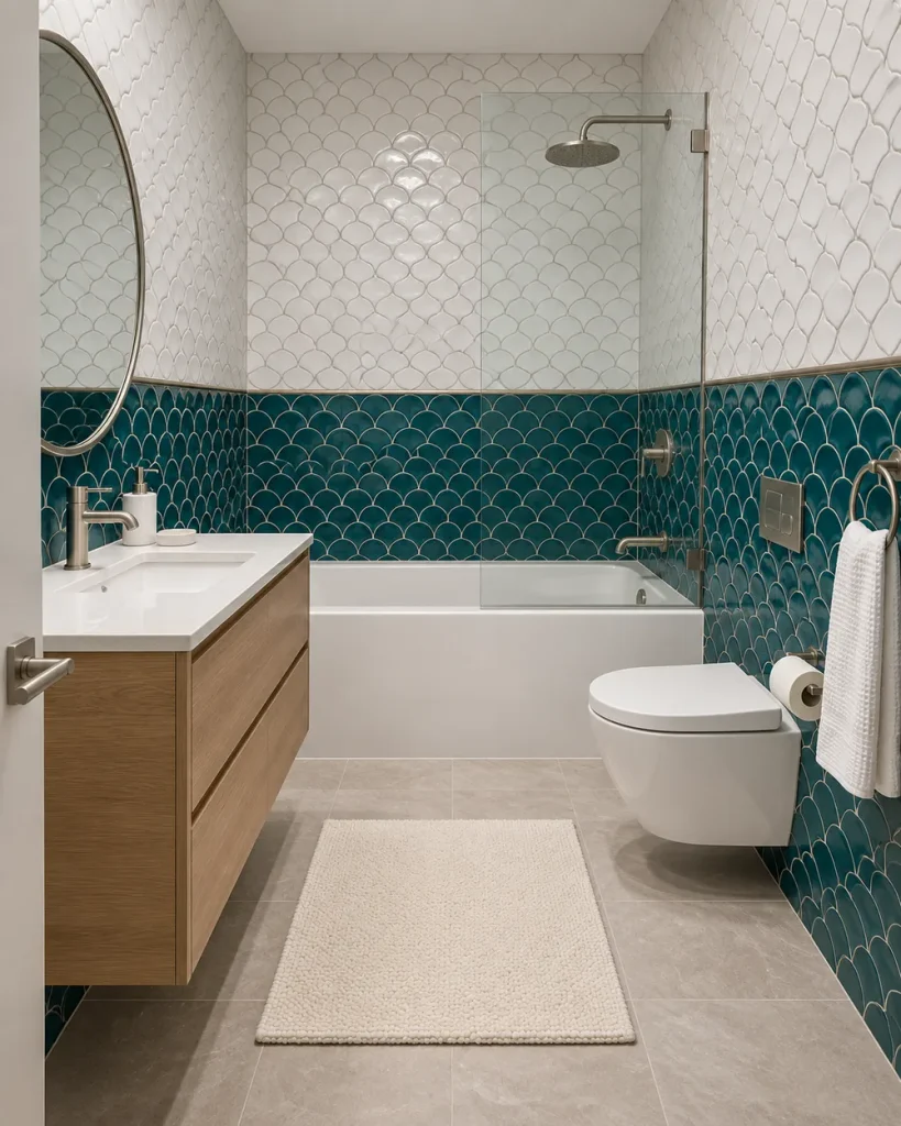Two-tone bathroom with teal fish-scale tile below and white fish-scale tile above, an oak vanity, tub and toilet
