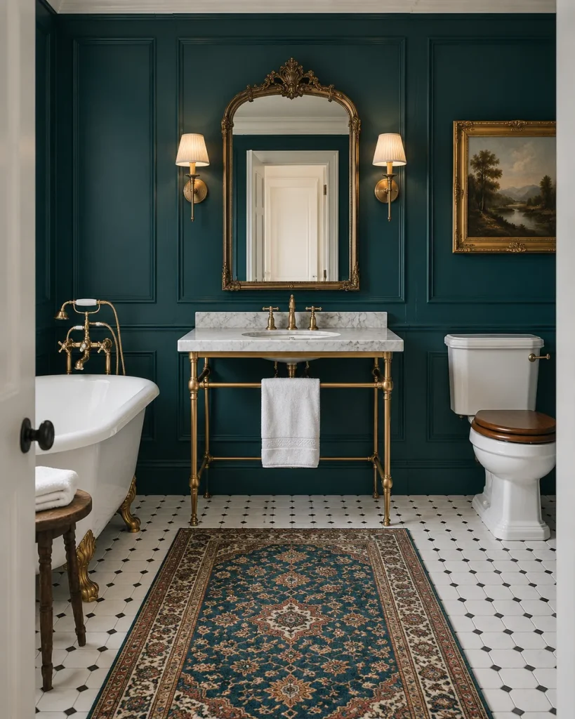 Paneled teal bathroom with a brass washstand, marble top, ornate brass mirror, clawfoot tub and vintage rug