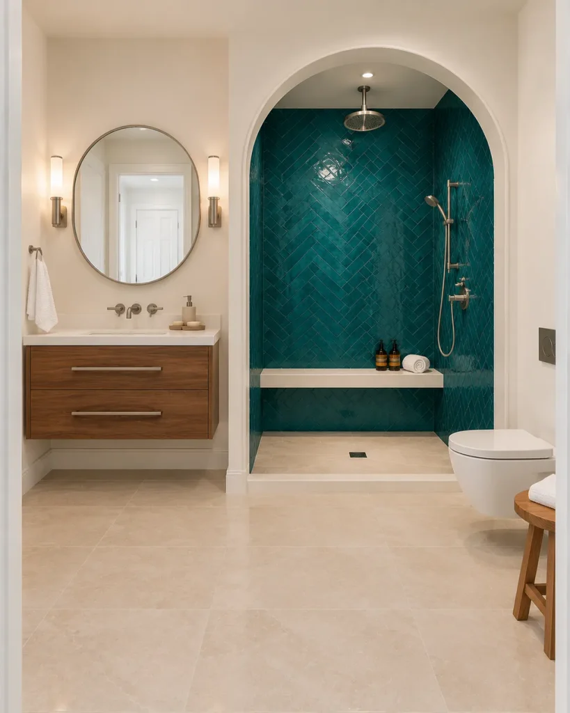 Deep emerald teal herringbone walk-in shower behind a plaster arch, with a walnut vanity, round mirror and a wall-hung toilet