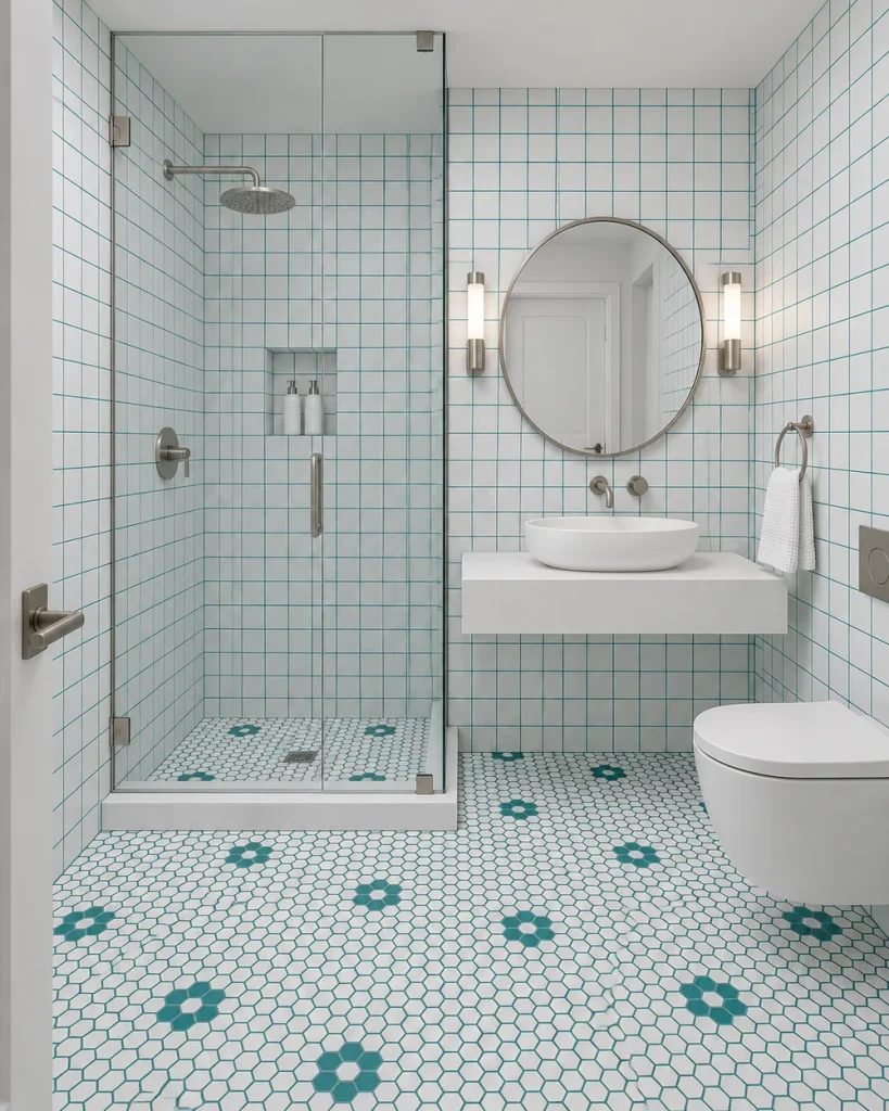 White square wall tile with teal grout in a bathroom with a round mirror, floating white vanity, wall-hung toilet and glass shower