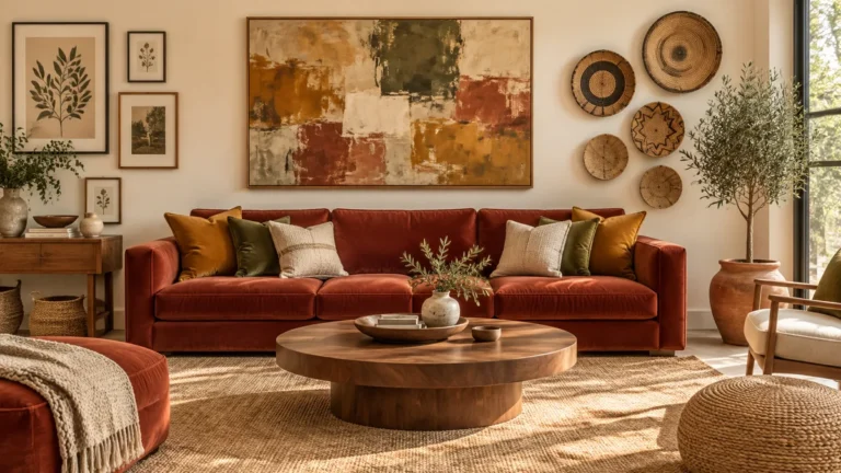 Wall art ideas for living room decor with an abstract canvas, basket wall and gallery frames