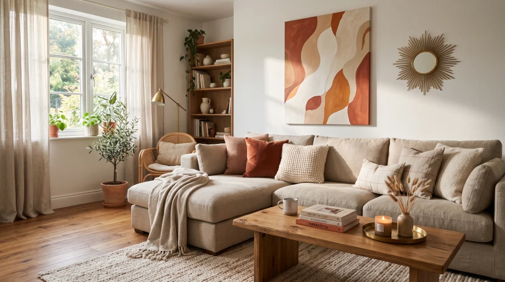 Wall art ideas for living room decor with a warm abstract canvas and brass sunburst mirror
