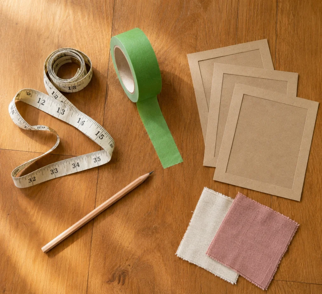Flat lay of wall art planning tools on a wood floor, including a tape measure, green painter's tape, a pencil, kraft paper frame mockups, and fabric swatches