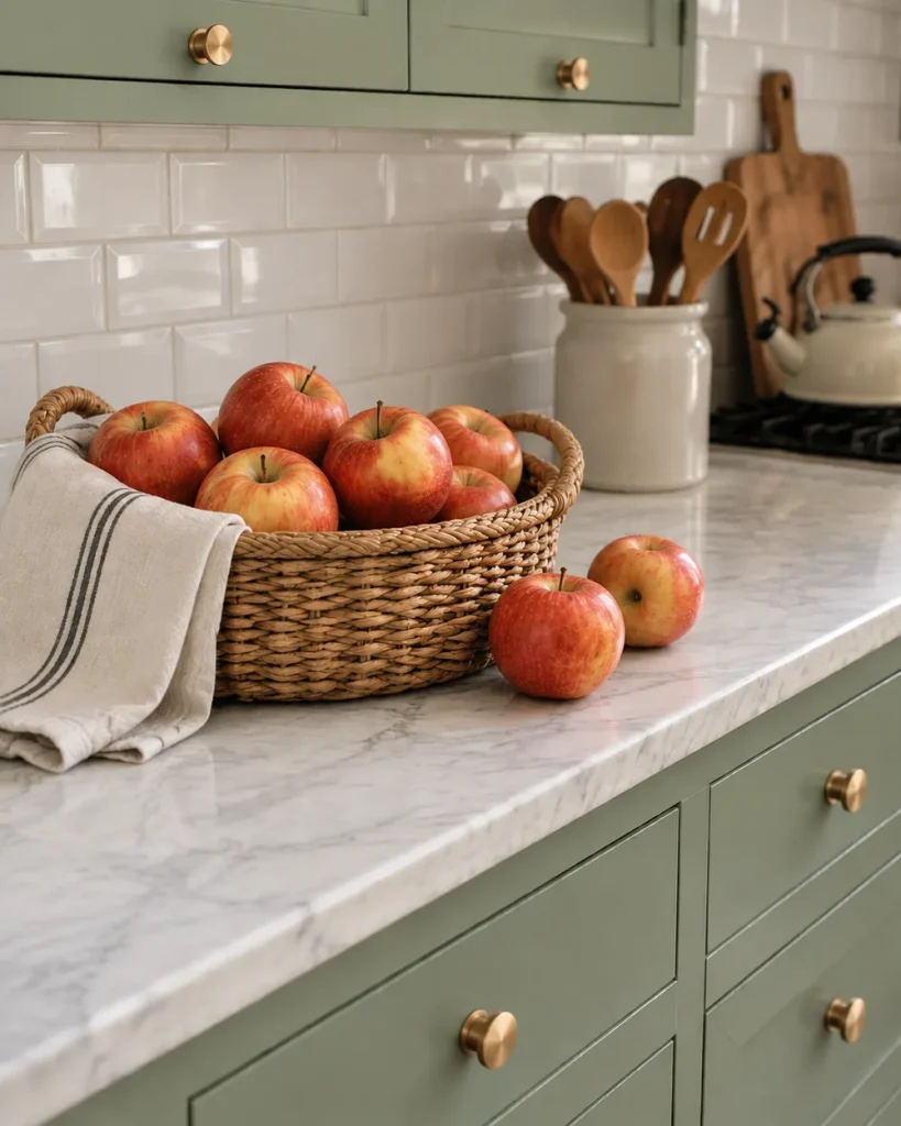 Woven basket of red apples with a linen tea towel at the end of a marble kitchen counter