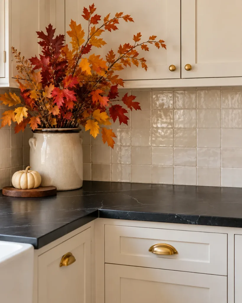 Tall rust and red fall branches in a cream stoneware crock on a black soapstone kitchen counter
