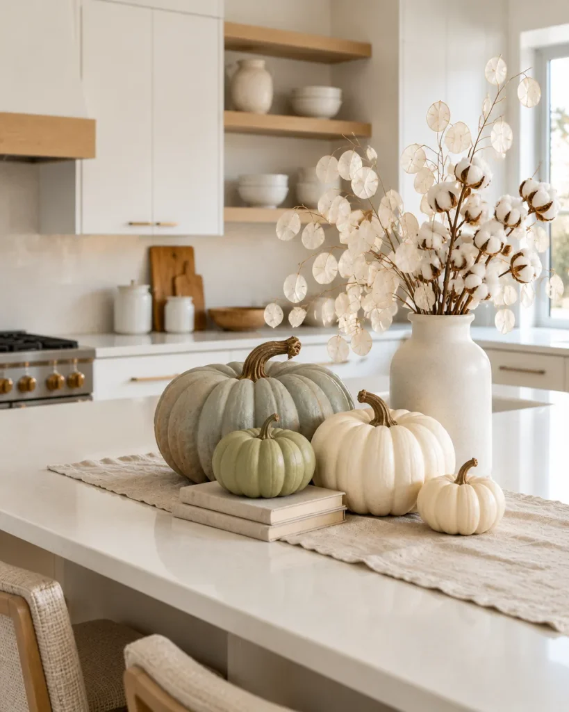 Cream and sage pumpkins with dried honesty and cotton stems on a white kitchen island