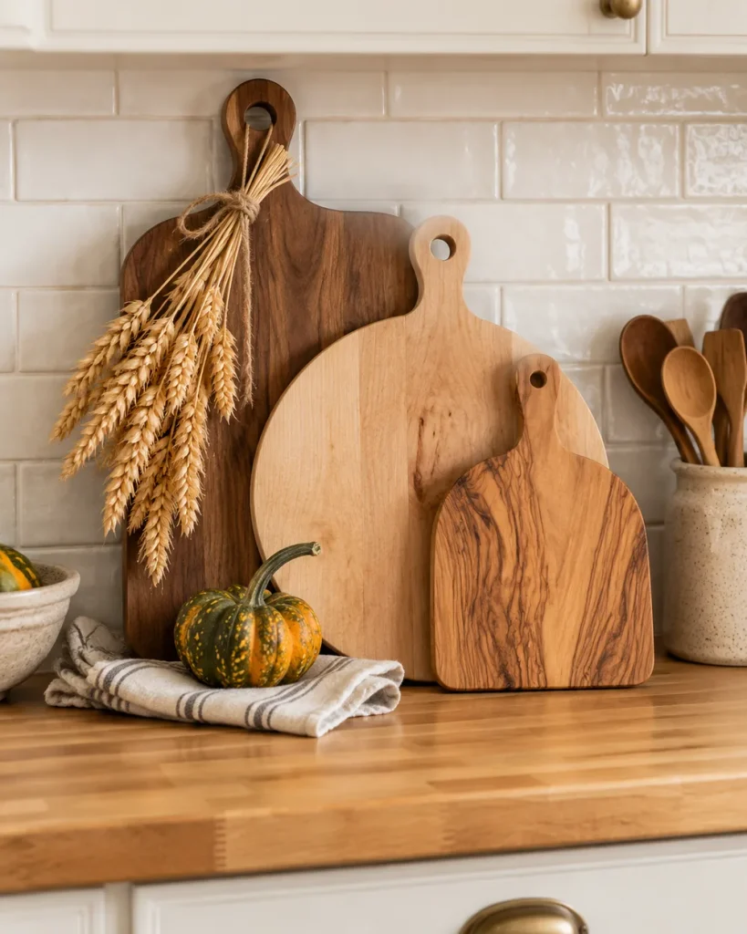 Walnut, maple and olive wood cutting boards with a dried wheat bundle and a small gourd on a butcher block counter