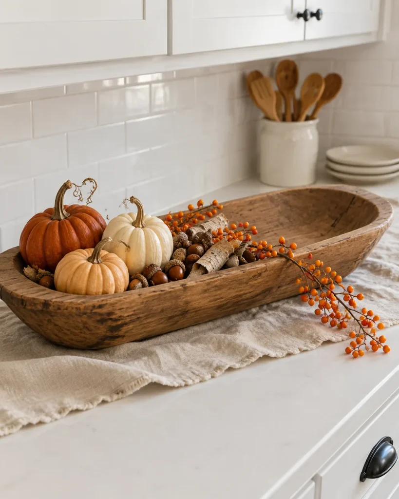 Antique wooden dough bowl styled with mini pumpkins, acorn caps and bittersweet on a white kitchen counter