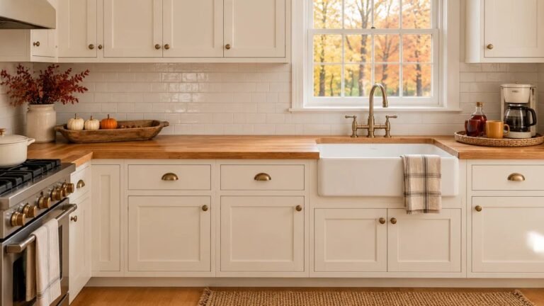 Fall kitchen with a dough bowl of pumpkins, a crock of autumn branches and a coffee corner along a butcher block counter
