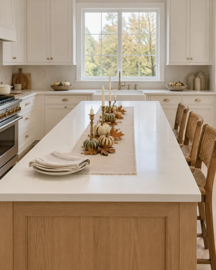 Low fall centerpiece of brass candlesticks, oak leaves and mini gourds on a linen runner on a kitchen island