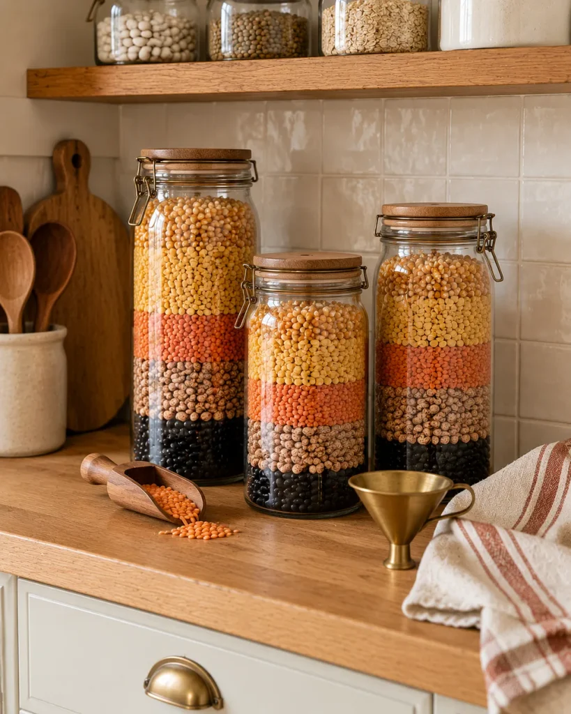Three tall glass jars layered with beans, lentils, split peas and popcorn on a butcher block counter
