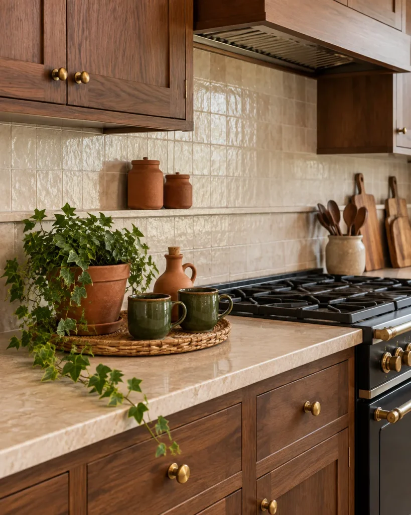 Terracotta pot of ivy, olive glazed mugs and a clay oil cruet beside a stove on a stone counter