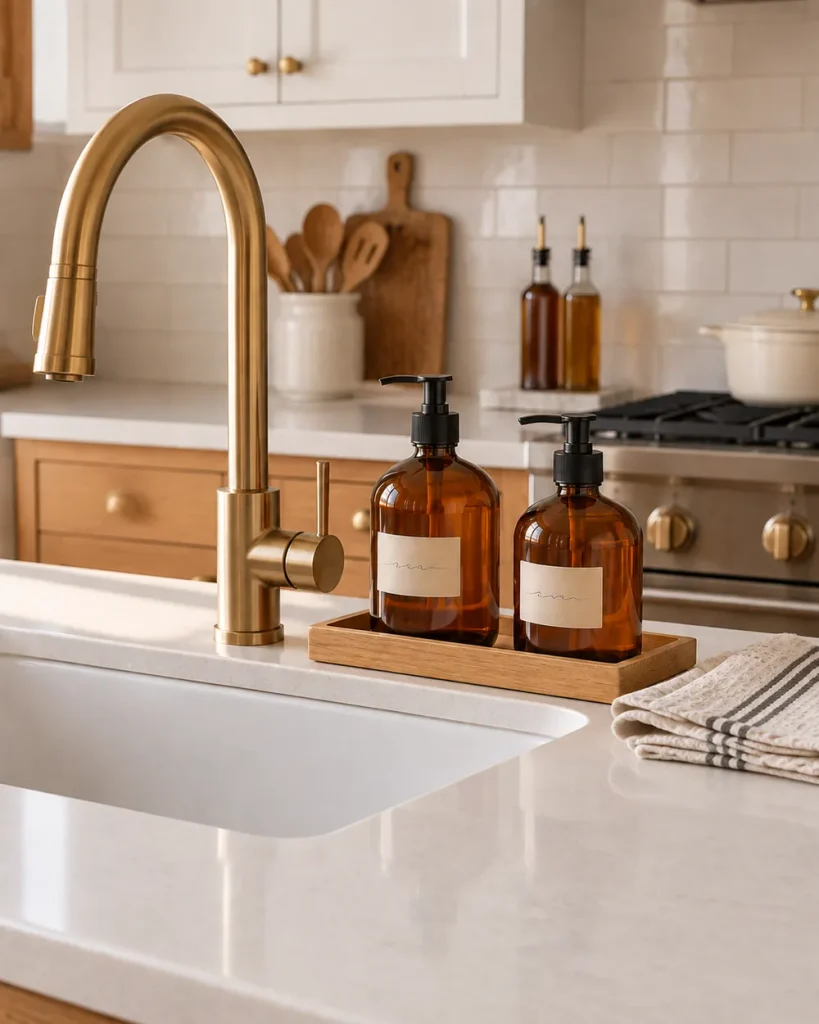 Amber glass dish soap and hand soap bottles on an oak tray beside a white kitchen sink with a brass faucet