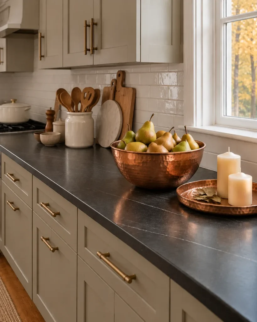 Hammered copper bowl of pears and a copper tray with cream candles on a black soapstone counter